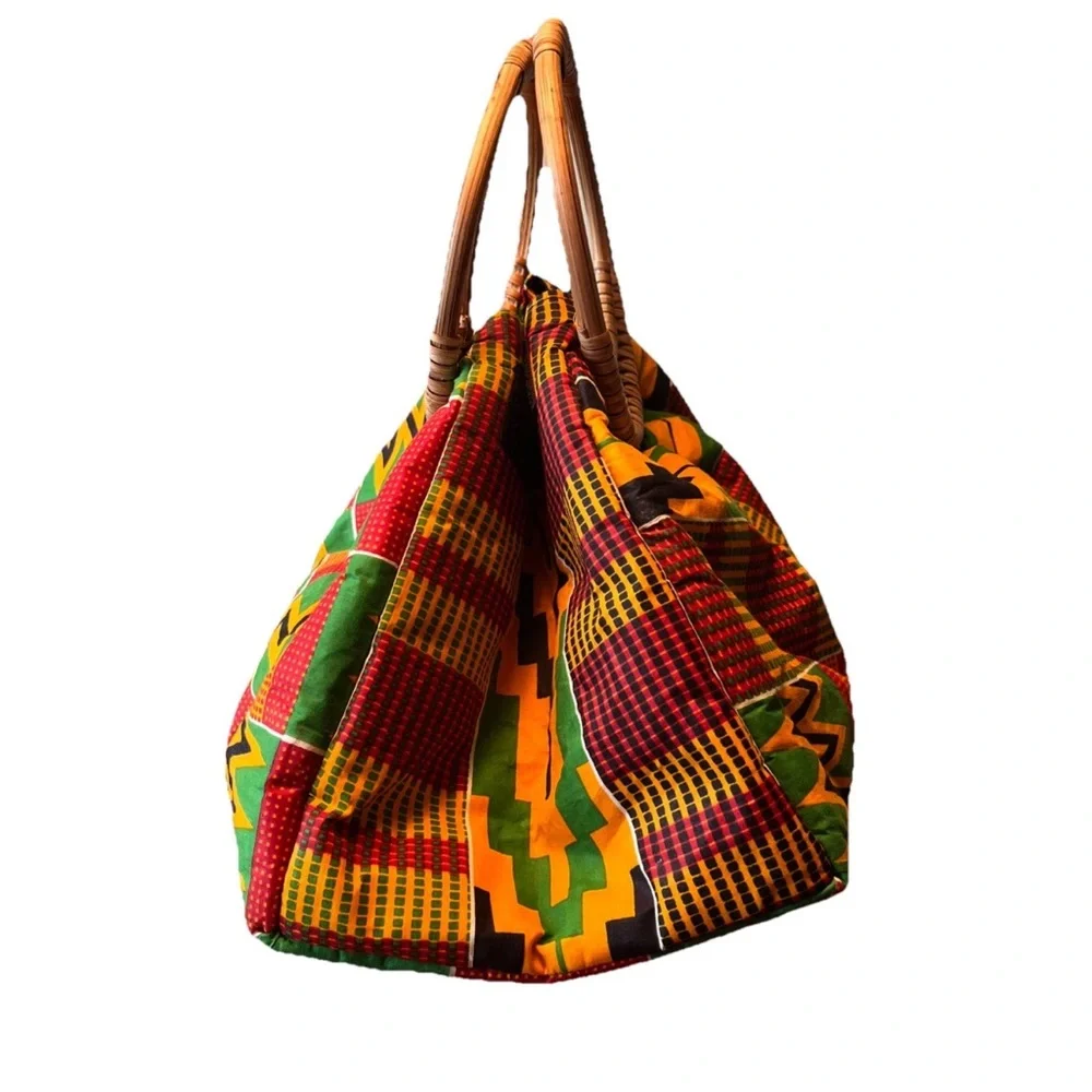 Kente Cloth Purse Handbag Tote Round Woven Handles Attached Coin purse - Picture 3 of 10